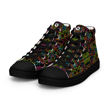 Doodle Carnival: A Kaleidoscope of Whimsical Wonders! - Men’s high top canvas shoes. Black color. Overview