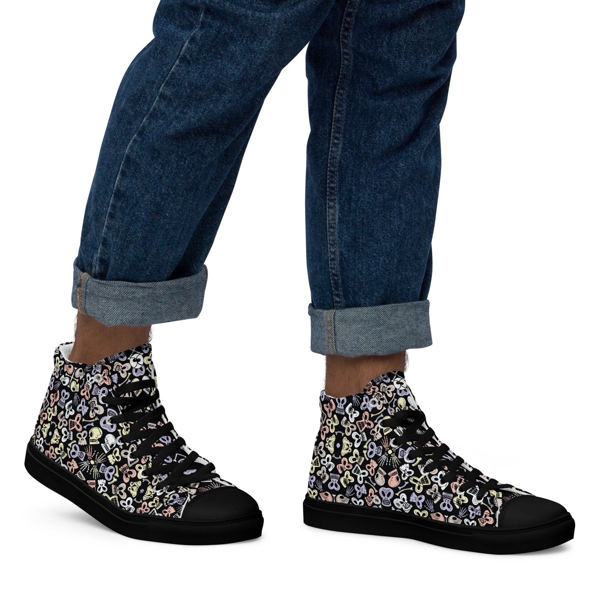 Bewitched Skulls: Hauntingly Chic Pattern Design - Men’s high top canvas shoes. Black color. Lifestyle