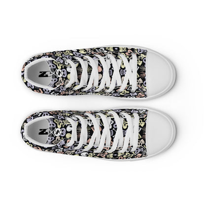 Bewitched Skulls: Hauntingly Chic Pattern Design - Men’s high top canvas shoes. White color. Top view