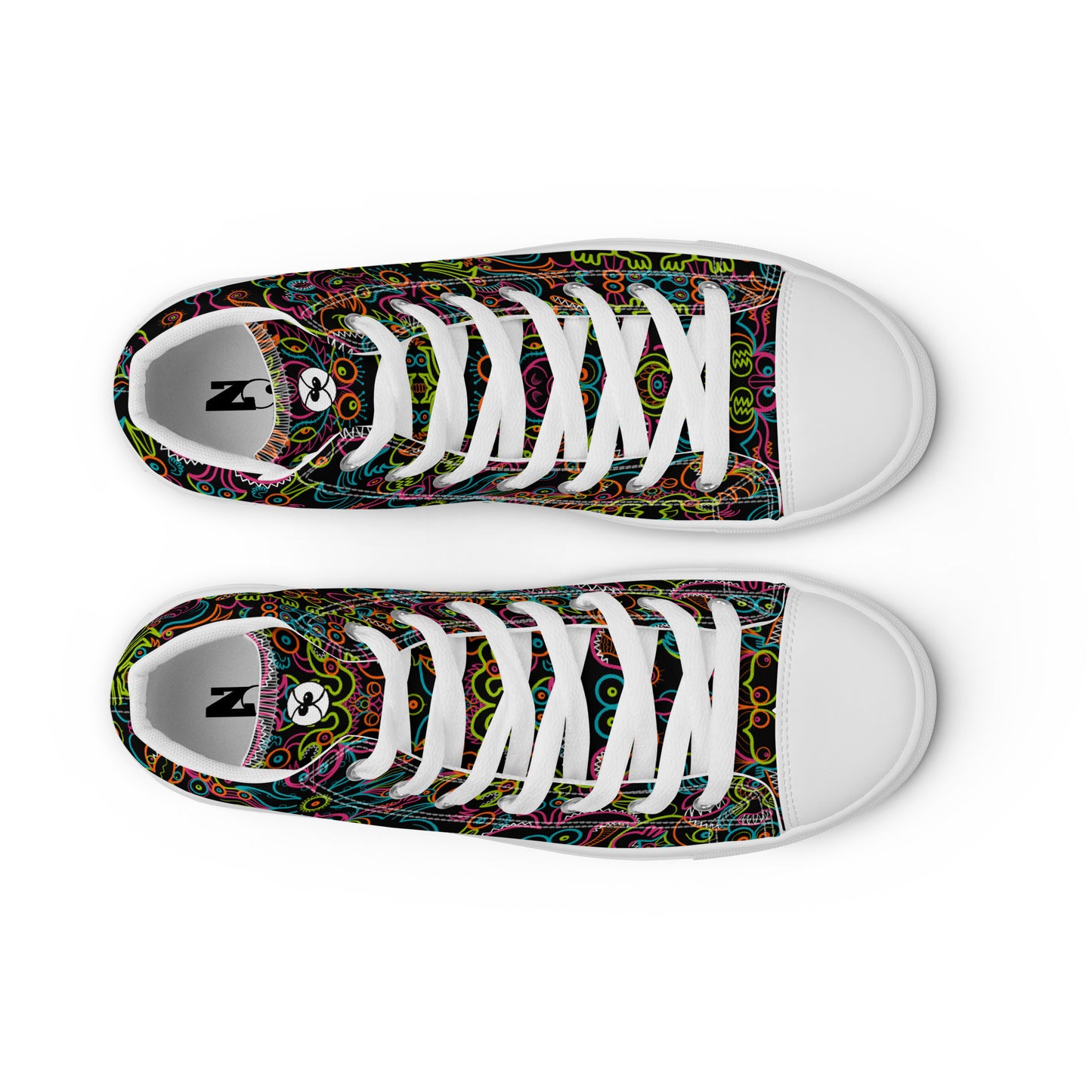 Doodle Carnival: A Kaleidoscope of Whimsical Wonders! - Men’s high top canvas shoes. White color. Top view