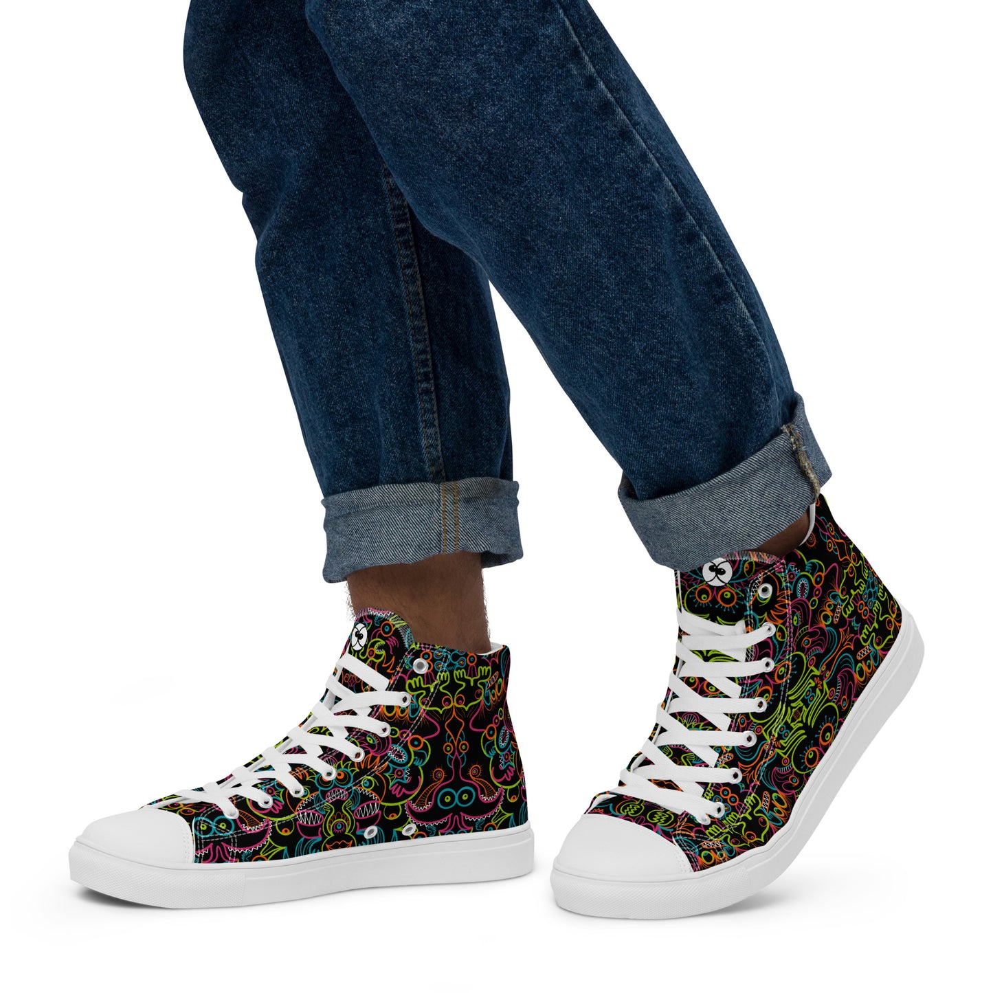 Doodle Carnival: A Kaleidoscope of Whimsical Wonders! - Men’s high top canvas shoes. White color. Lifestyle
