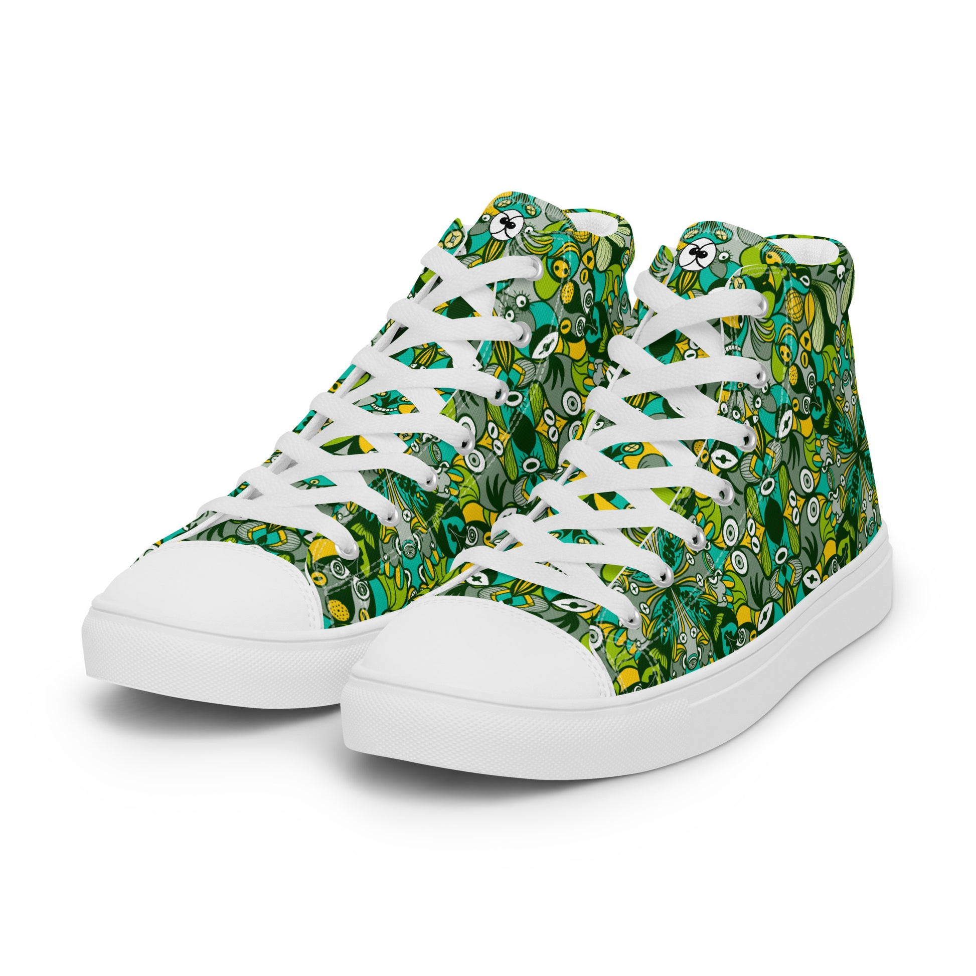 Join the funniest alien doodling network in the universe Men’s high top canvas shoes. Overview