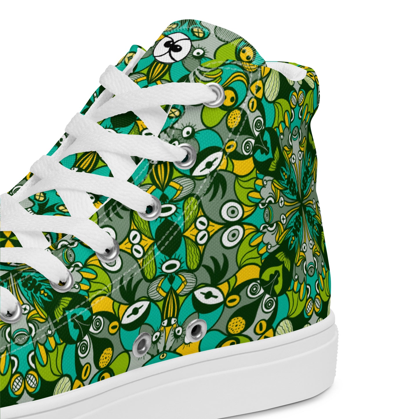 Join the funniest alien doodling network in the universe Men’s high top canvas shoes. Product detail