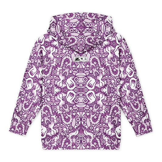 Mesmerizing Purple Doodle Fantasy youth hoodie, back view, featuring purple and white hand-drawn creatures in a mirrored pattern.