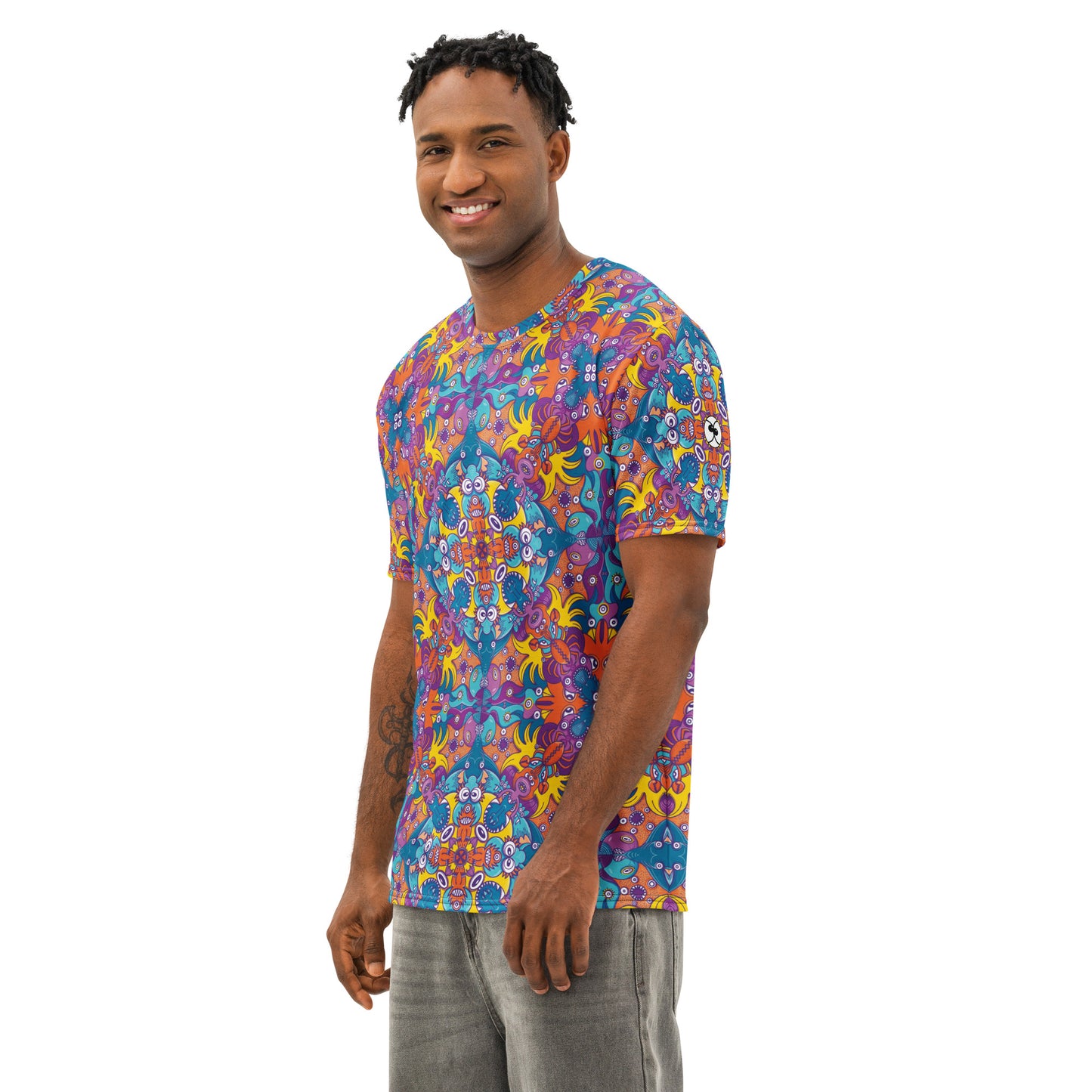 Ocean Doodle Delight Men’s Cotton T-shirt. Lifestyle side view