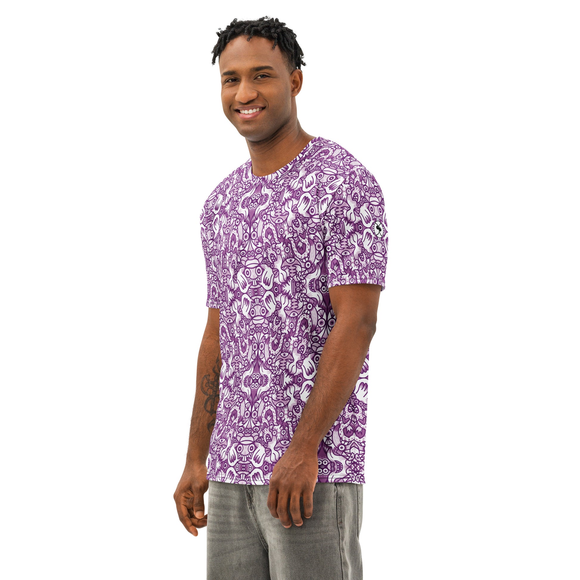 Mesmerizing Purple Doodle Fantasy – Men’s Cotton All-over Print T-Shirt. Side view