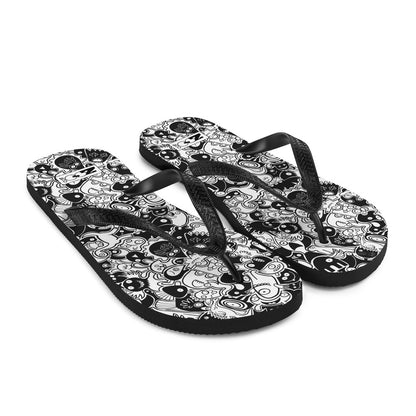 Joyful crowd of black and white doodle creatures Flip-Flops. Overview