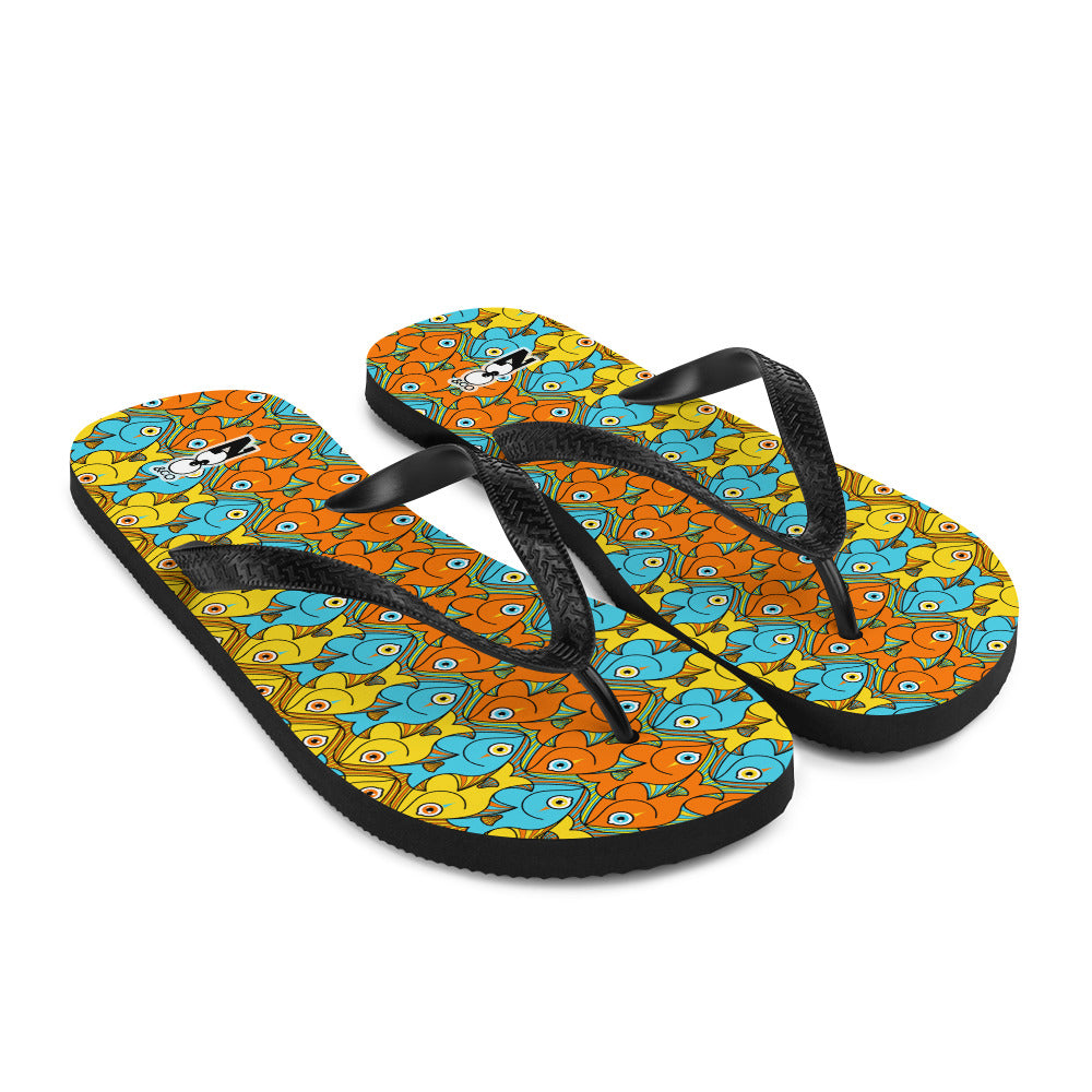 Smiling colorful fishes pattern Flip-Flops. Overview