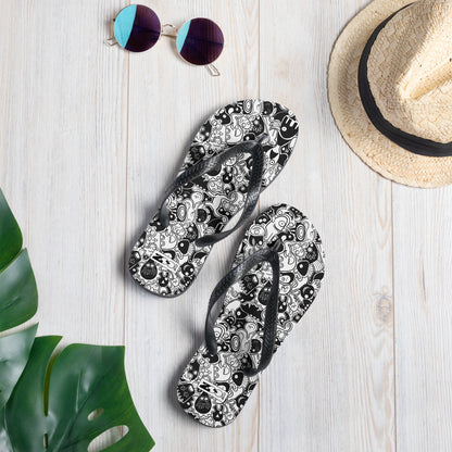 Joyful crowd of black and white doodle creatures Flip-Flops. Lifestyle