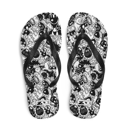 Joyful crowd of black and white doodle creatures Flip-Flops. Top view