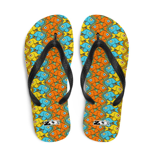 Smiling colorful fishes pattern Flip-Flops. Top view