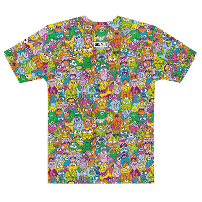 Terrific Halloween creatures men's cotton t-shirt, all-over print of hand-drawn doodle monsters, flat back view