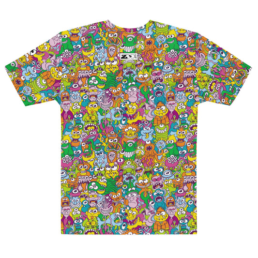 Terrific Halloween creatures men's cotton t-shirt, all-over print of hand-drawn doodle monsters, flat back view