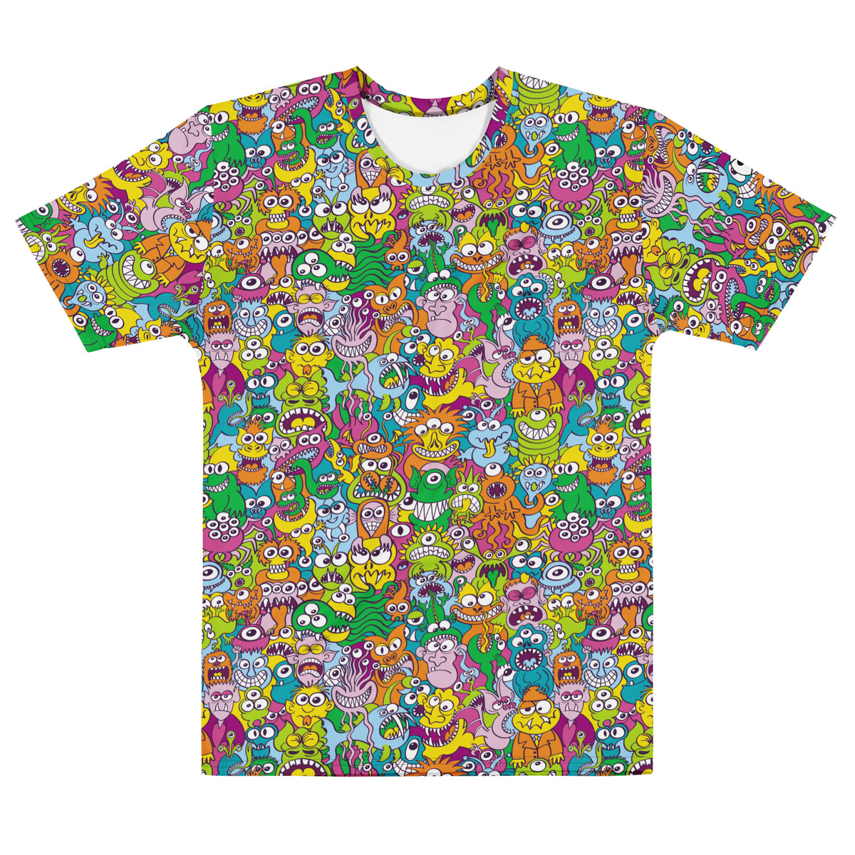 Terrific Halloween creatures men's cotton t-shirt, all-over print of hand-drawn doodle monsters, flat front view