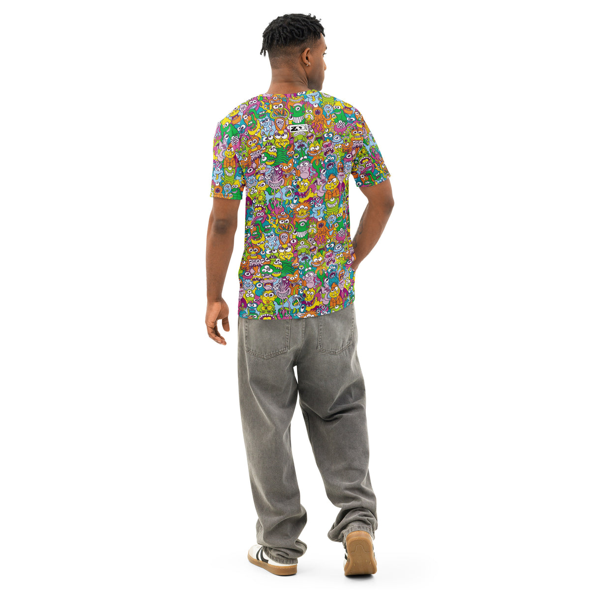 Terrific Halloween creatures men's cotton t-shirt, all-over print of hand-drawn doodle monsters, lifestyle back view