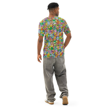 Terrific Halloween creatures men's cotton t-shirt, all-over print of hand-drawn doodle monsters, lifestyle back view