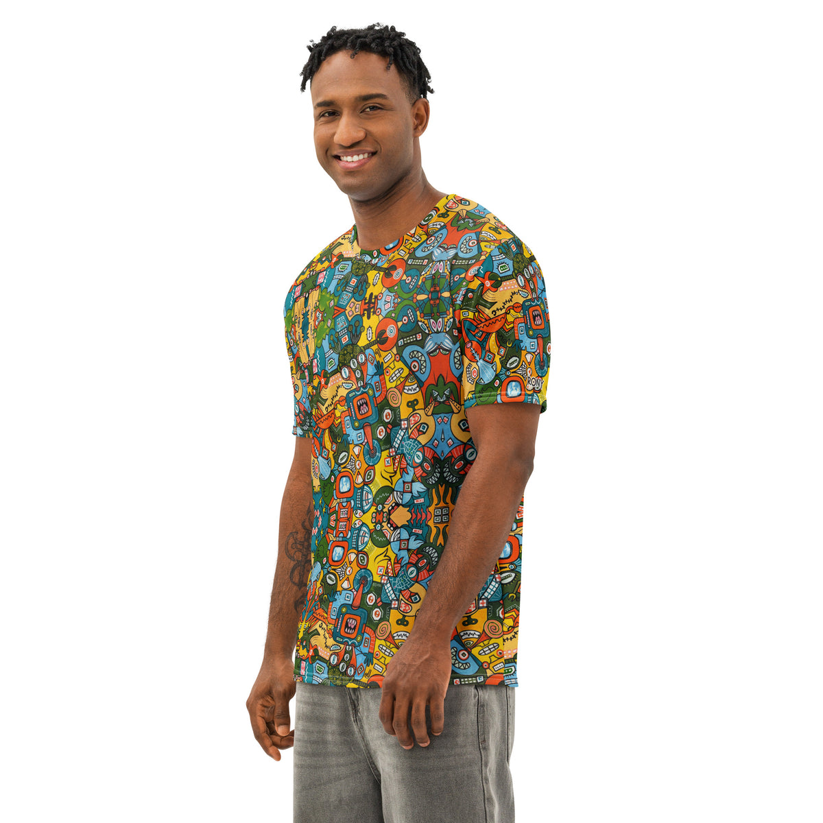 Doodlebot Dystopia men’s cotton art t-shirt, 3/4 view with retro robots and human figures in a colorful all-over print.