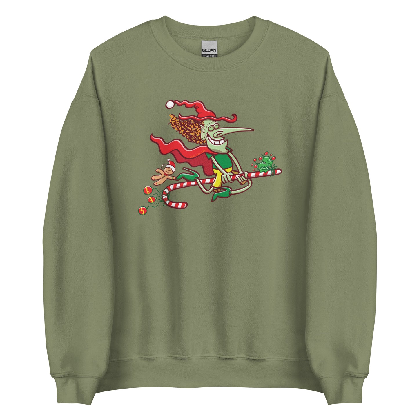 Mischievous witch having fun at Christmas - Unisex Sweatshirt. Military green. Front view