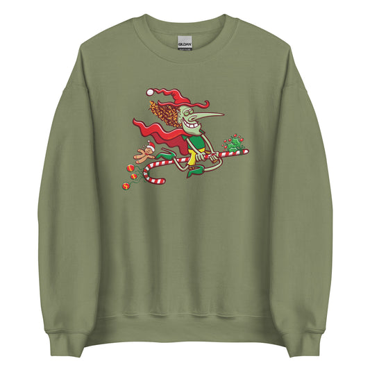 Mischievous witch having fun at Christmas - Unisex Sweatshirt. Military green. Front view