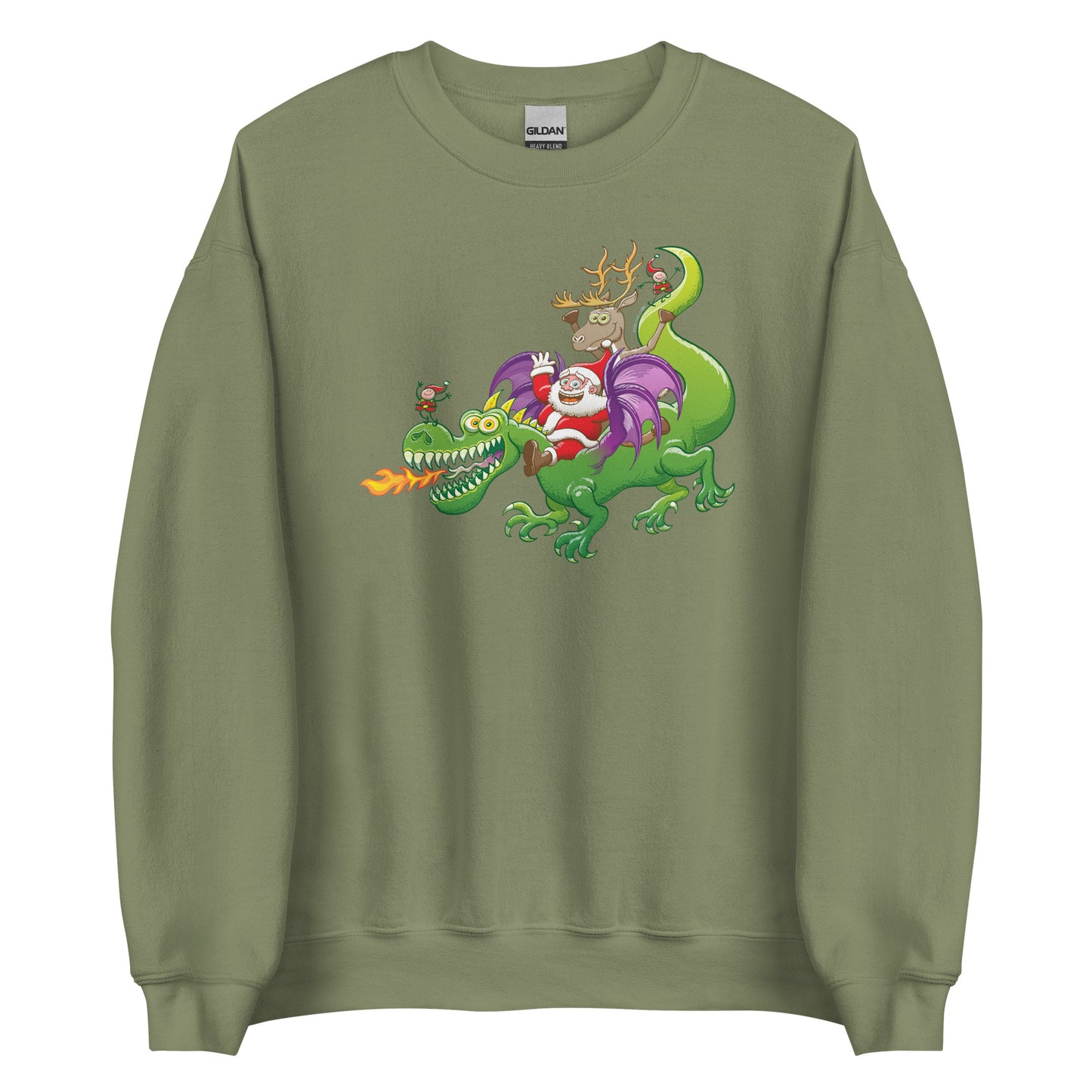 Santa's Dragon-Powered Christmas: A Holiday Adventure - Unisex Sweatshirt. Military green. Front view