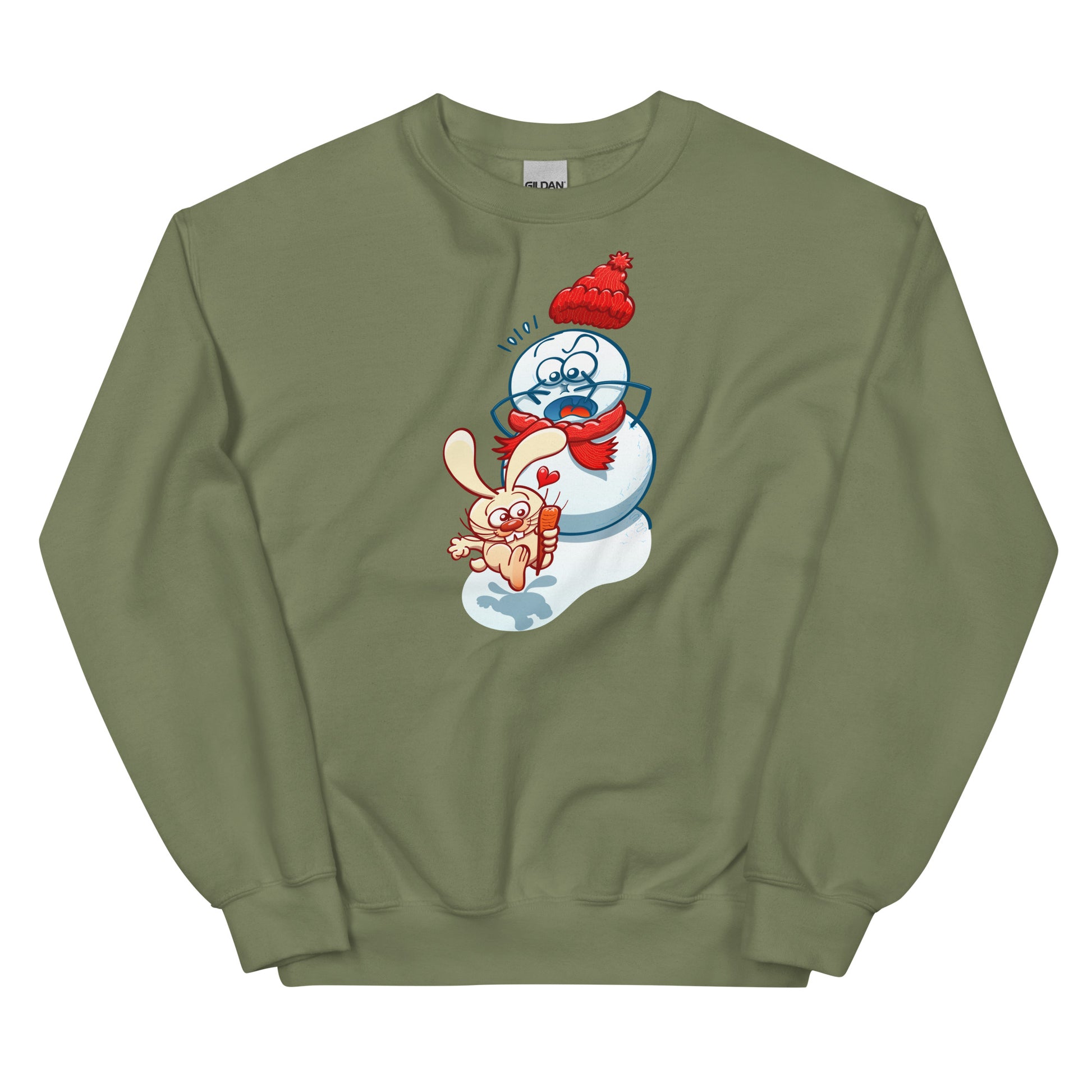 Snowman's Nose Heist: A Christmas Love Tale - Unisex Sweatshirt. Military green color. Front view