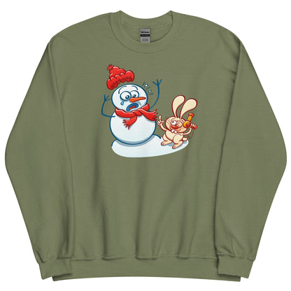 Bunny Stealing a Snowman's Nose with a Blow Dryer - Unisex Sweatshirt. Military green. Front view