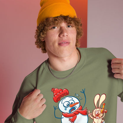 Bunny Stealing a Snowman's Nose with a Blow Dryer - Unisex Sweatshirt. Military green. Lifestyle