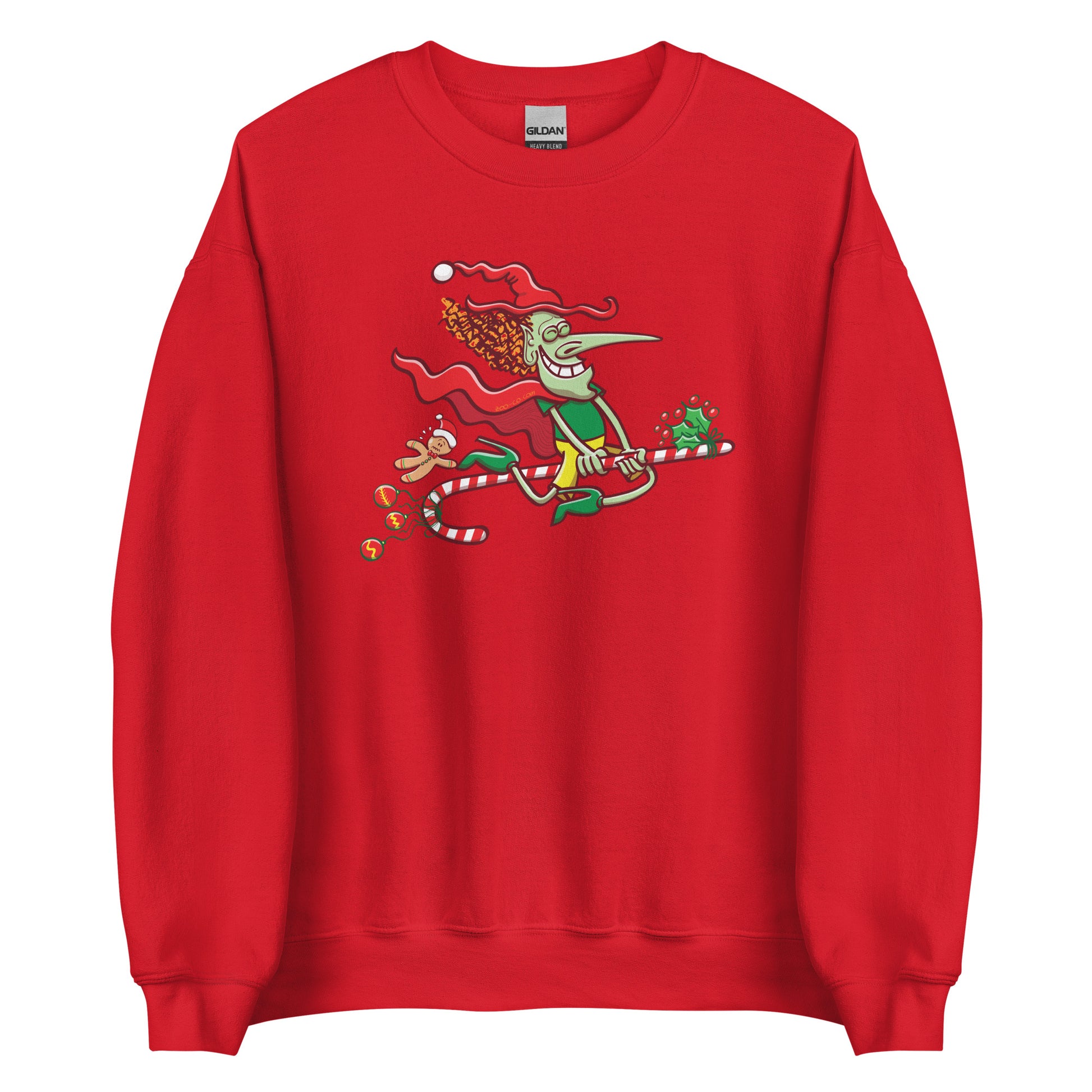 Mischievous witch having fun at Christmas - Unisex Sweatshirt. Red. Front view