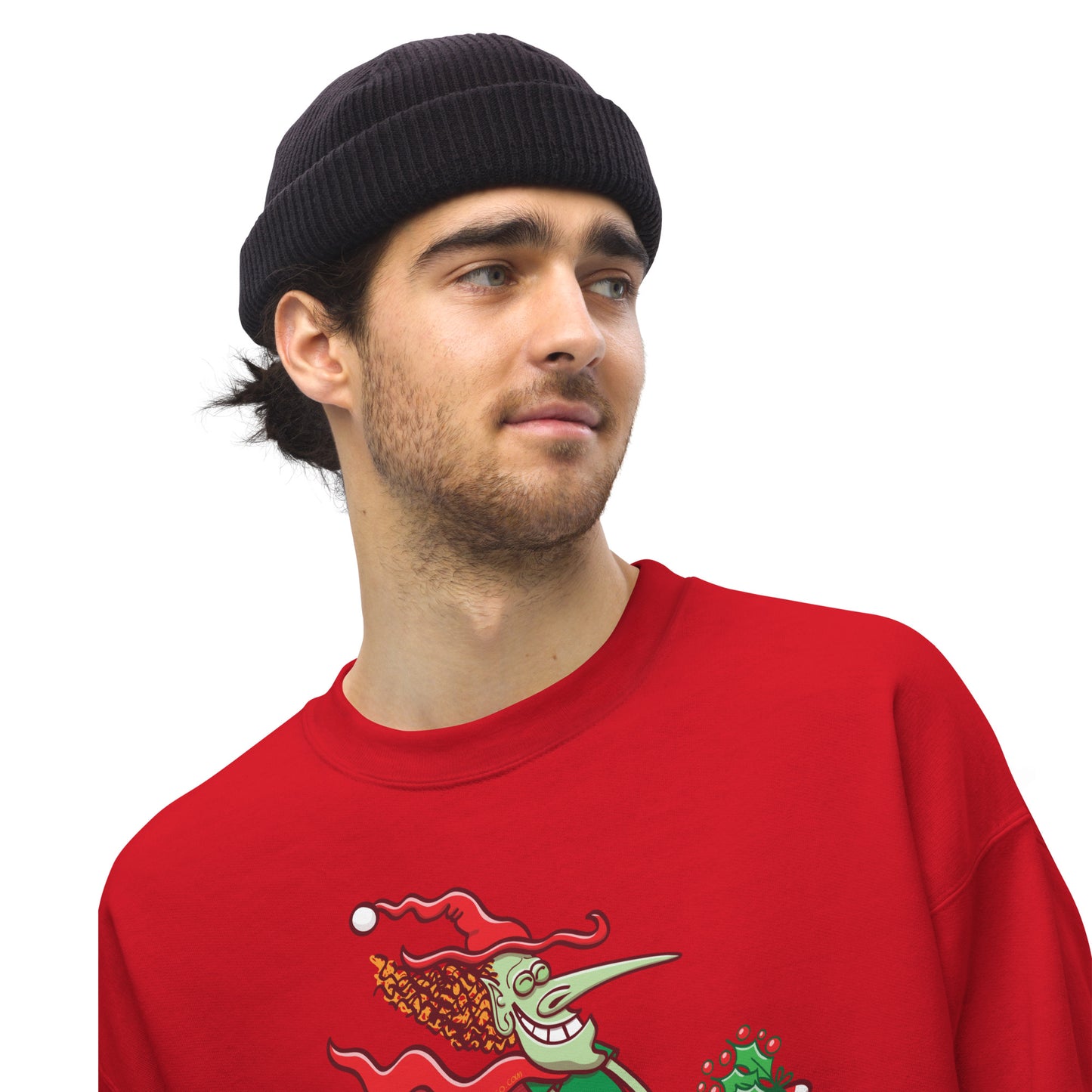 Mischievous witch having fun at Christmas - Unisex Sweatshirt. Red. Overview