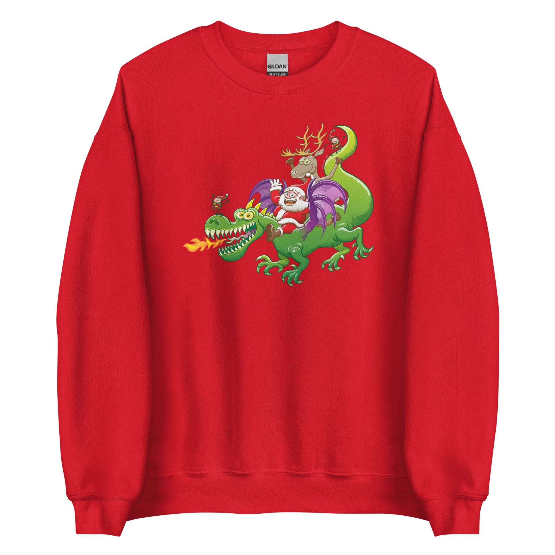 Santa's Dragon-Powered Christmas: A Holiday Adventure - Unisex Sweatshirt. Red. Front view