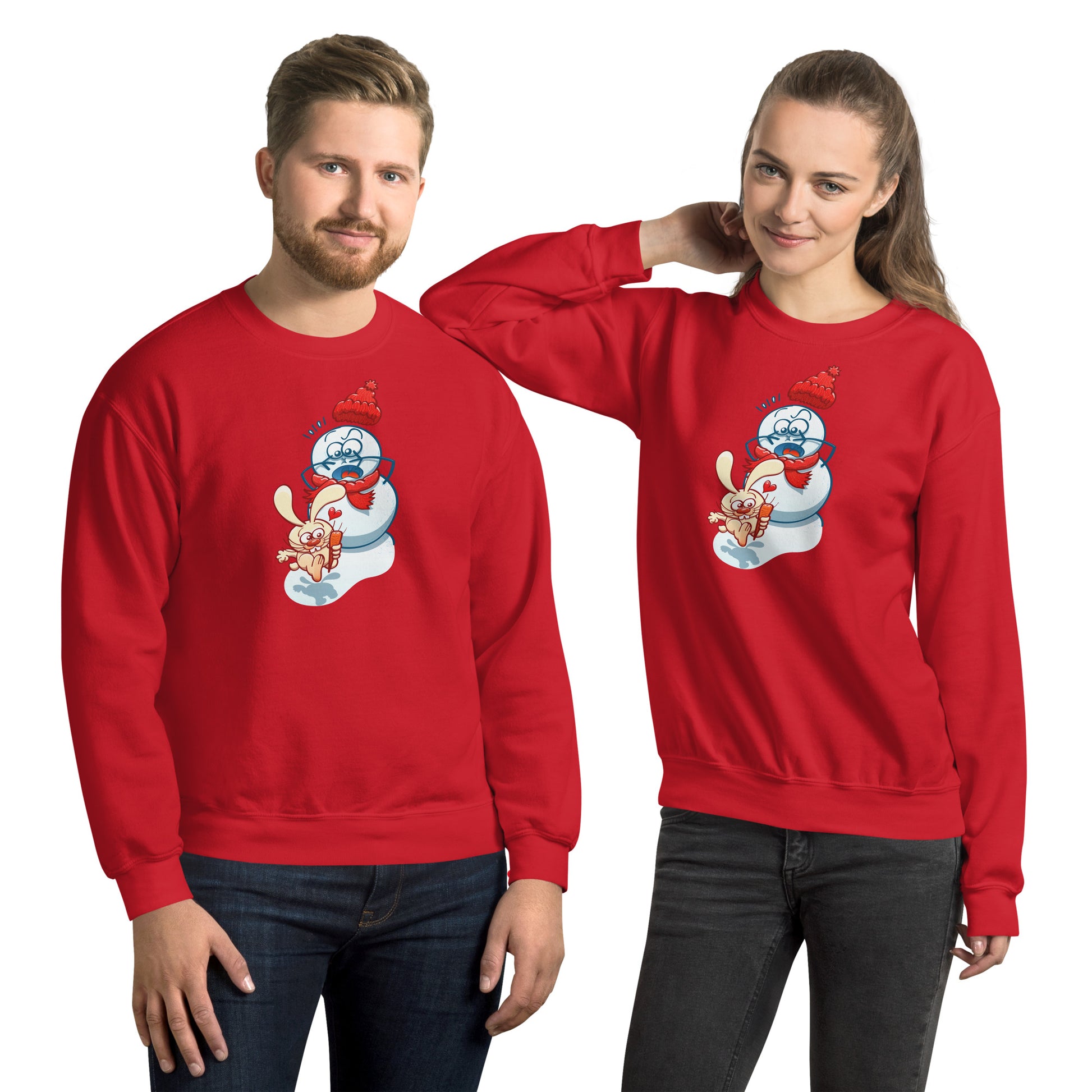 Snowman's Nose Heist: A Christmas Love Tale - Unisex Sweatshirt. Red color. Lifestyle