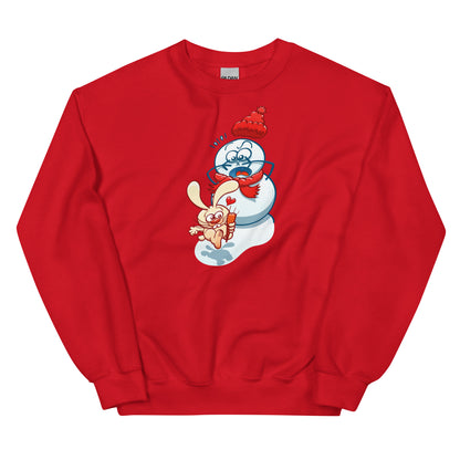 Snowman's Nose Heist: A Christmas Love Tale - Unisex Sweatshirt. Red color. Front view
