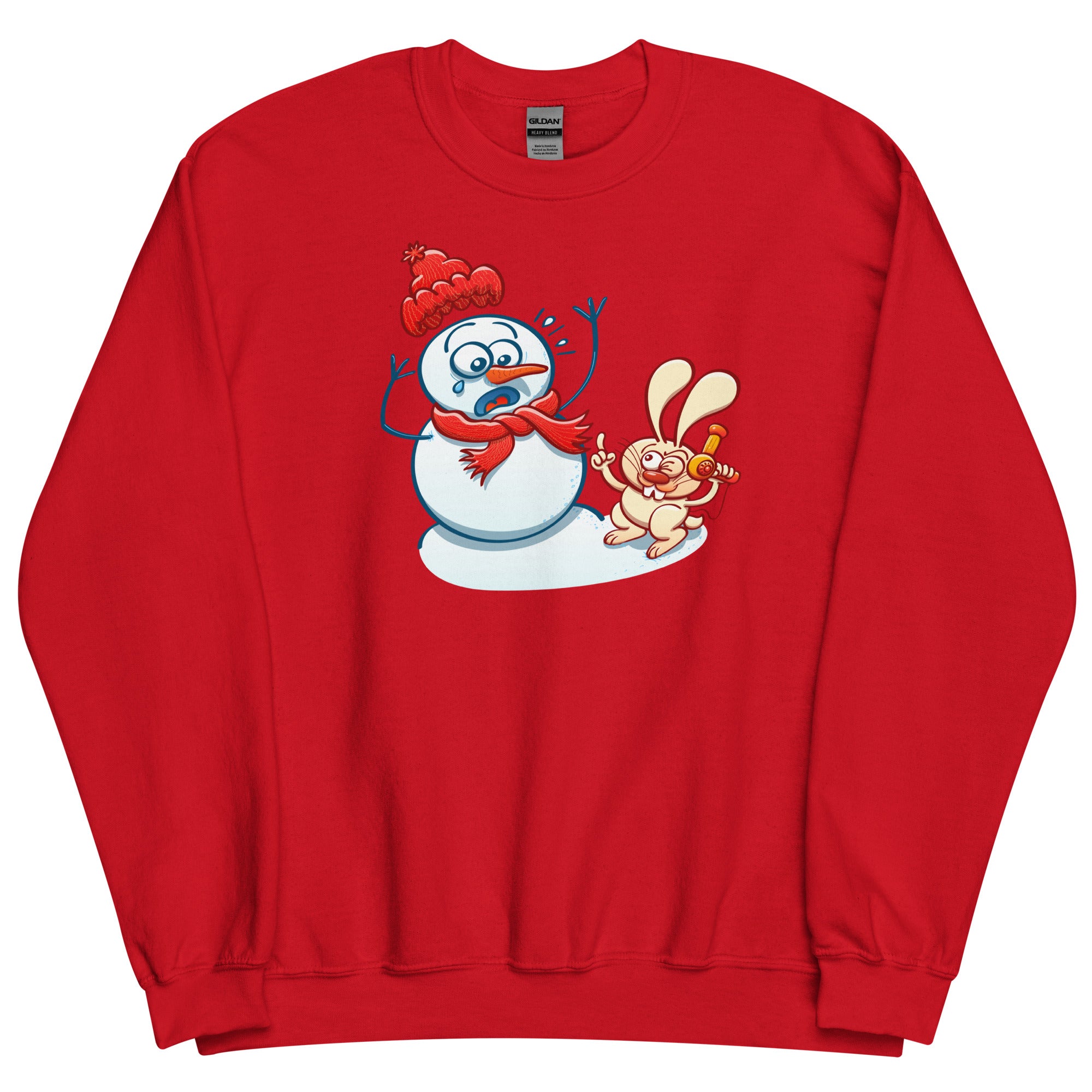 Bunny Stealing a Snowman's Nose with a Blow Dryer - Unisex Sweatshirt