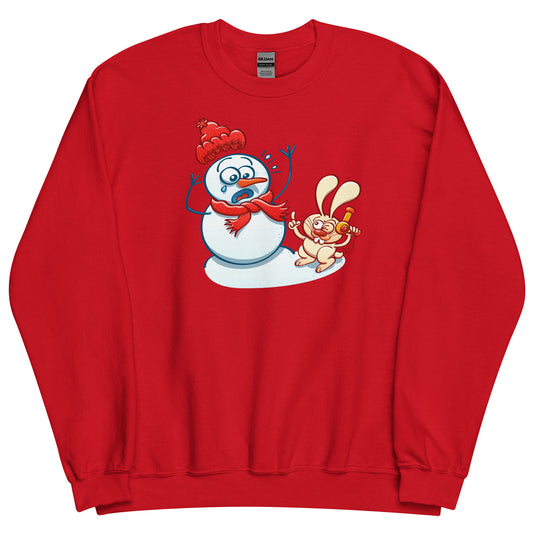 Bunny Stealing a Snowman's Nose with a Blow Dryer - Unisex Sweatshirt. Red. Front view