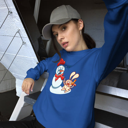 Bunny Stealing a Snowman's Nose with a Blow Dryer - Unisex Sweatshirt. Royal blue. Lifestyle