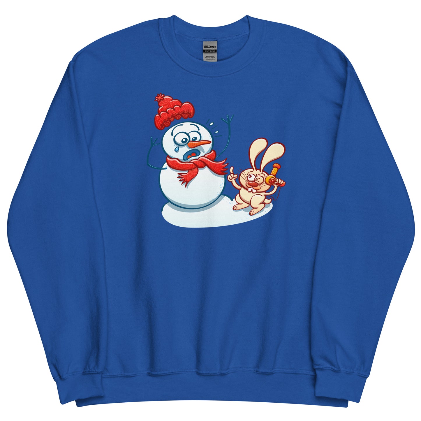 Bunny Stealing a Snowman's Nose with a Blow Dryer - Unisex Sweatshirt. Royal blue. Front view