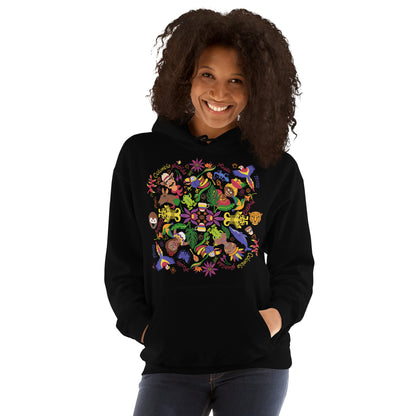 Colombia, the charm of a magical country mandala Unisex Hoodie. Black version. Lifestyle