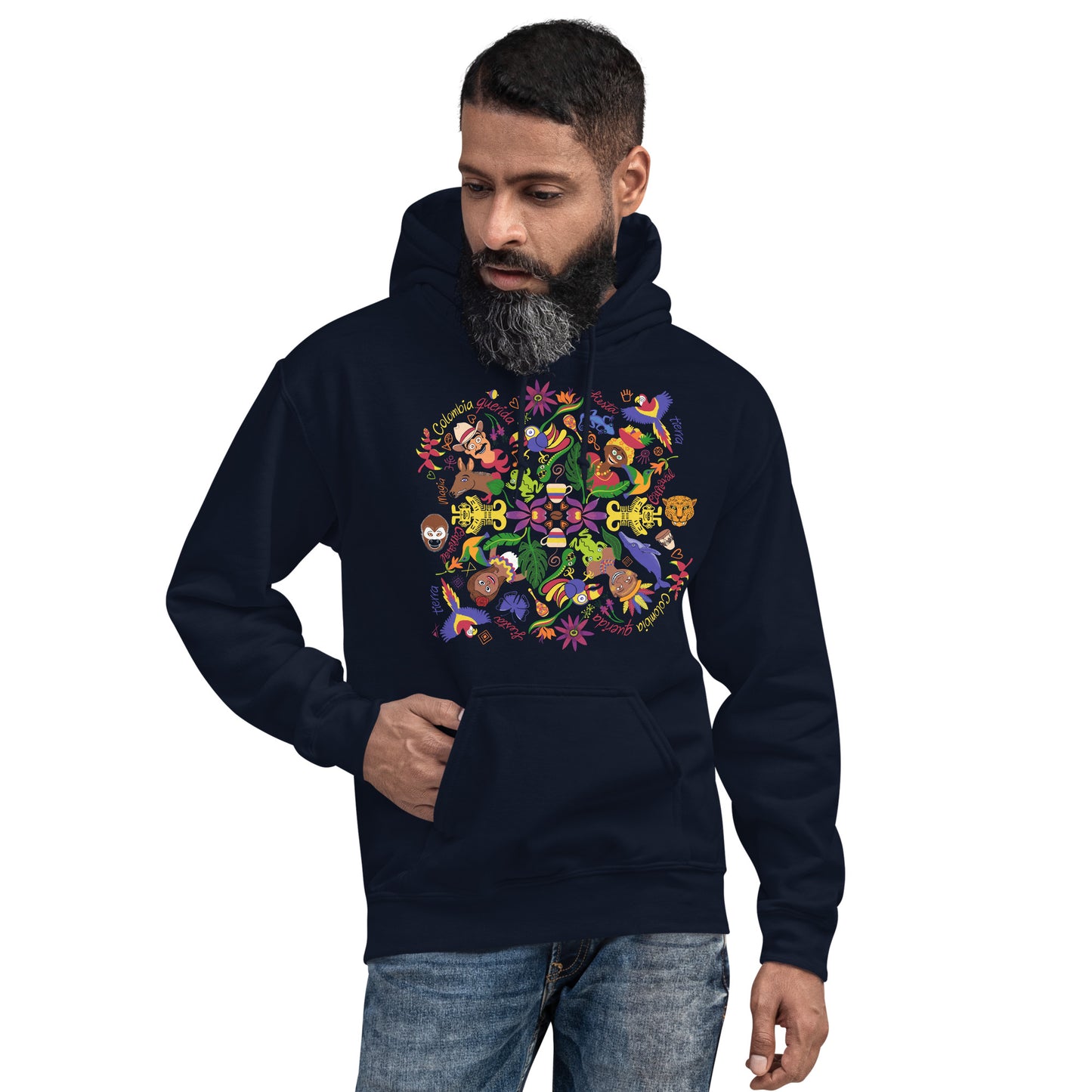 Colombia, the charm of a magical country mandala Unisex Hoodie. Navy version. Lifestyle