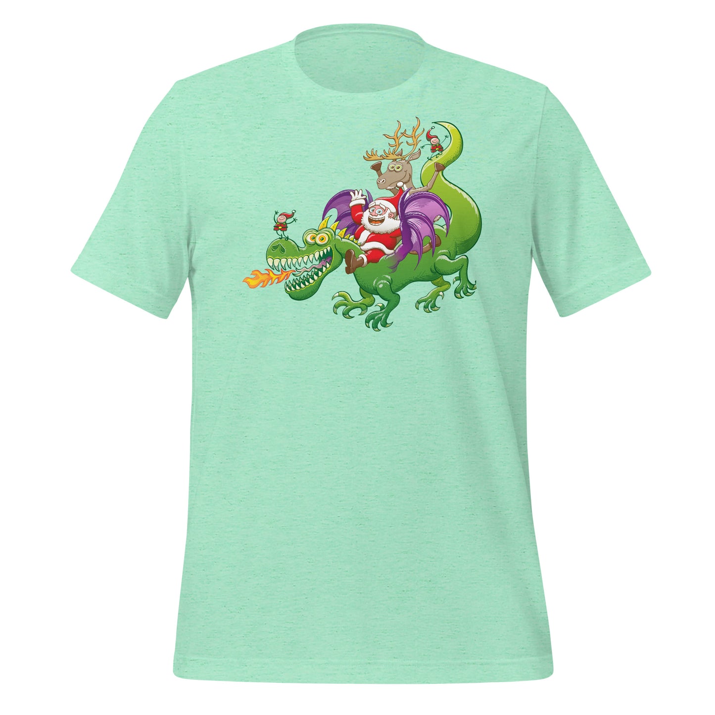 Santa's Dragon-Powered Celebration: Innovative Christmas Adventure - Unisex t-shirt. Front view. Heather mint color