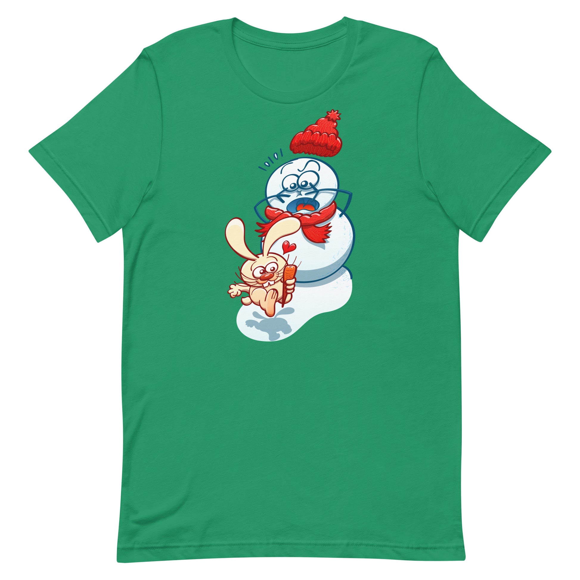 Snowman's Nose Heist: A Christmas Love Tale - Unisex t-shirt. Kelly green. Front view