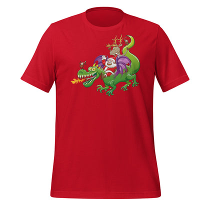Santa's Dragon-Powered Celebration: Innovative Christmas Adventure - Unisex t-shirt. Front view. Red color
