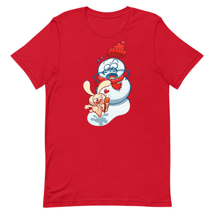 Snowman's Nose Heist: A Christmas Love Tale - Unisex t-shirt. Red. Front view