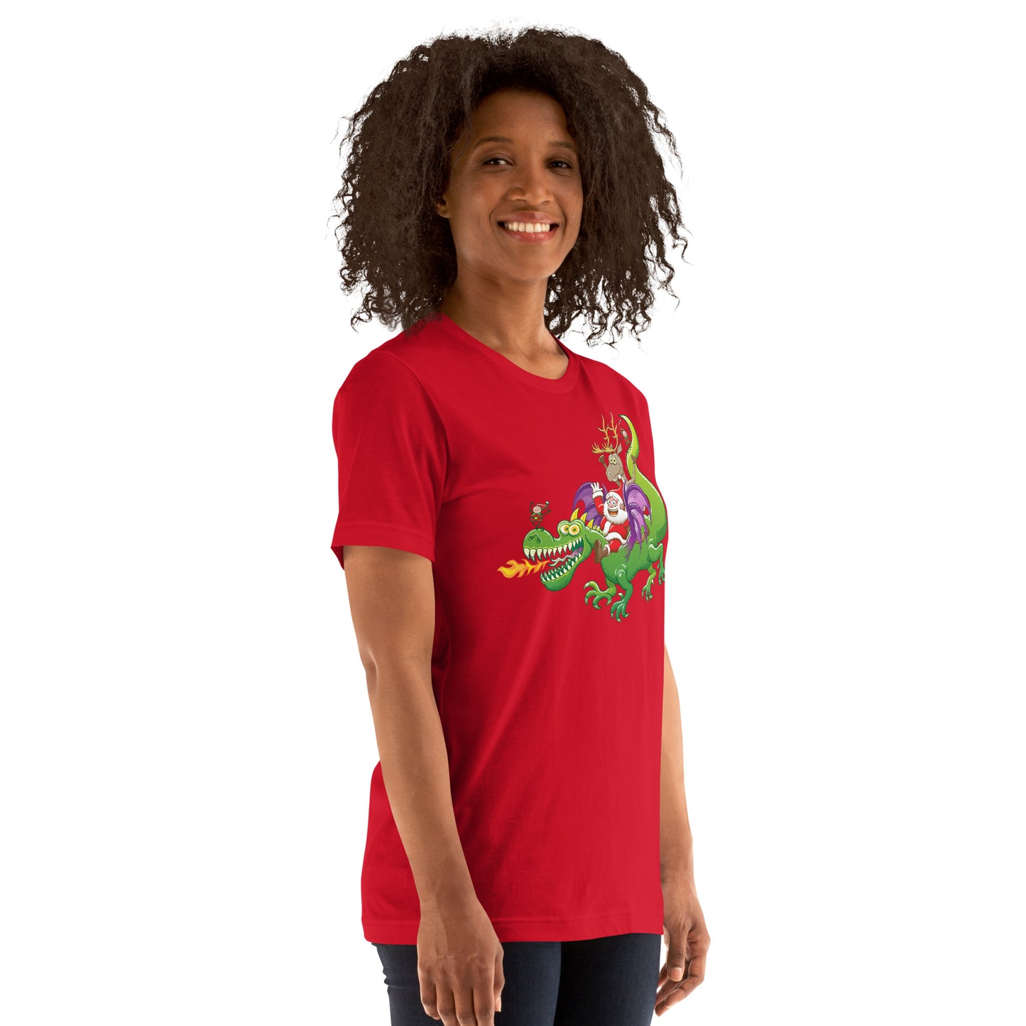 Santa's Dragon-Powered Celebration: Innovative Christmas Adventure - Unisex t-shirt. Lifestyle. Red color