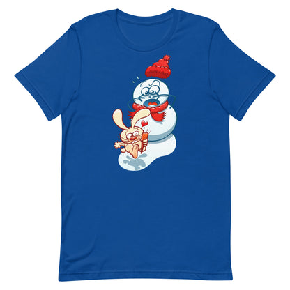 Snowman's Nose Heist: A Christmas Love Tale - Unisex t-shirt. True royal blue. Front view