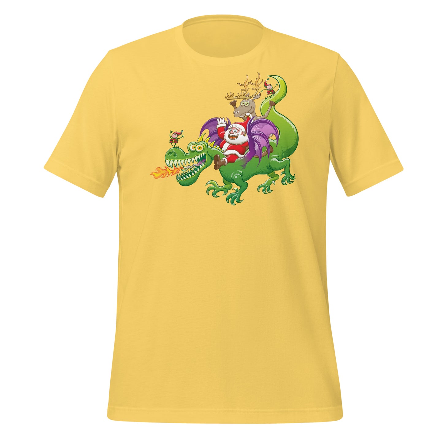Santa's Dragon-Powered Celebration: Innovative Christmas Adventure - Unisex t-shirt. Front view. Yellow color