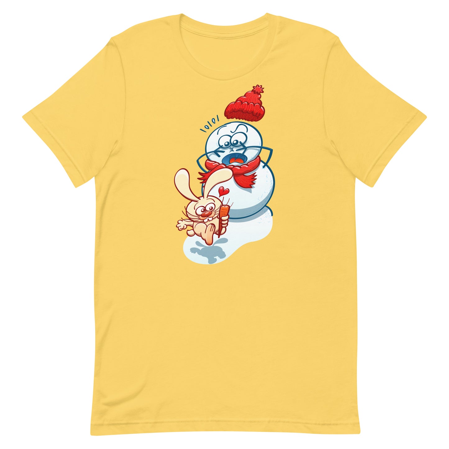 Snowman's Nose Heist: A Christmas Love Tale - Unisex t-shirt. Yellow. Front view