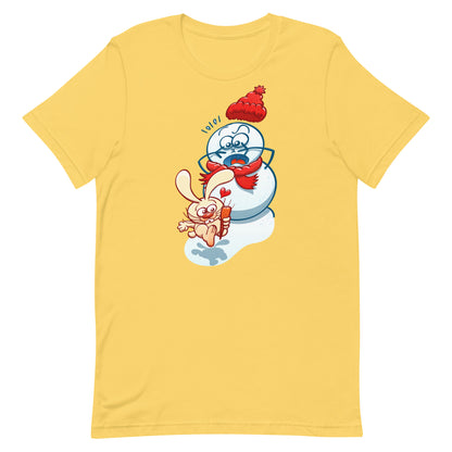 Snowman's Nose Heist: A Christmas Love Tale - Unisex t-shirt. Yellow. Front view