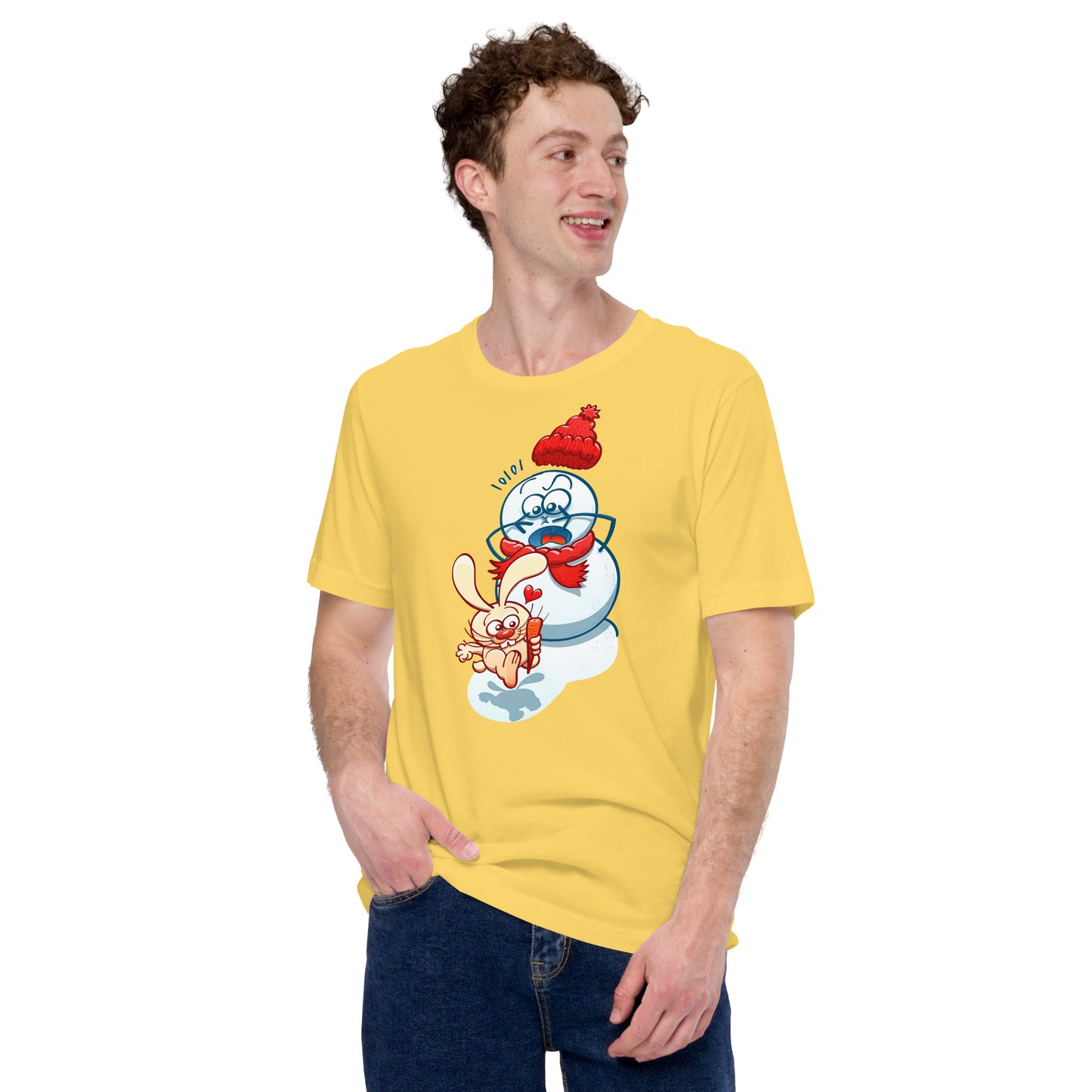 Snowman's Nose Heist: A Christmas Love Tale - Unisex t-shirt. Yellow. Lifestyle