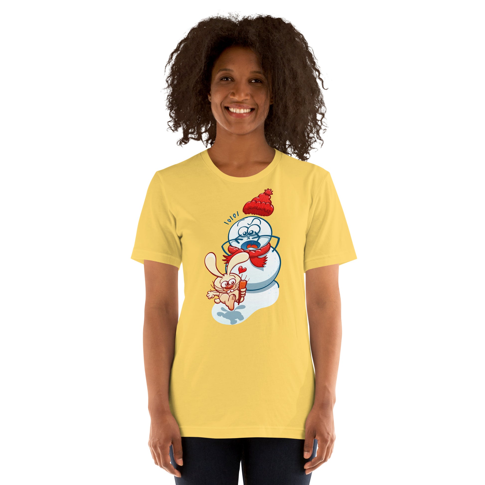 Snowman's Nose Heist: A Christmas Love Tale - Unisex t-shirt. Yellow. Overview