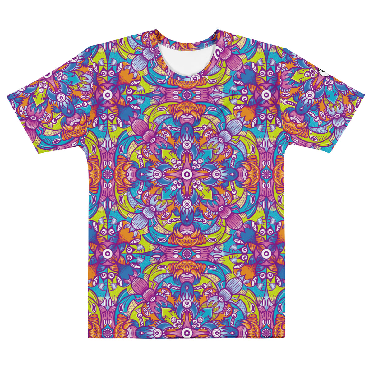 Whimsical Critter Chaos: A Doodle Adventure Men's cotton t-shirt. Front view